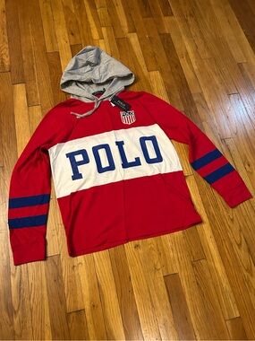 Ralph Lauren Gray and Red Hooded Sweatshirt with Polo Tag